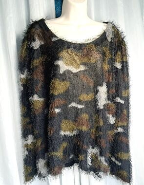 Ashley Stewart Camo Long Sleeve Sheer Fringe Top Shirt Size 30/32